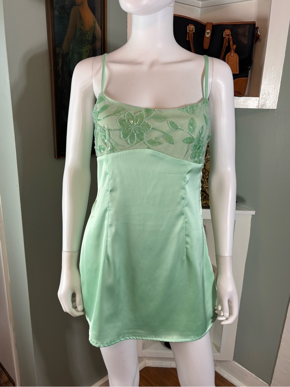 NWT New Peppermayo Zion Beaded Mini Slip Cami Dress Sage Mint Green Satin Sz 6 - Picture 3 of 14